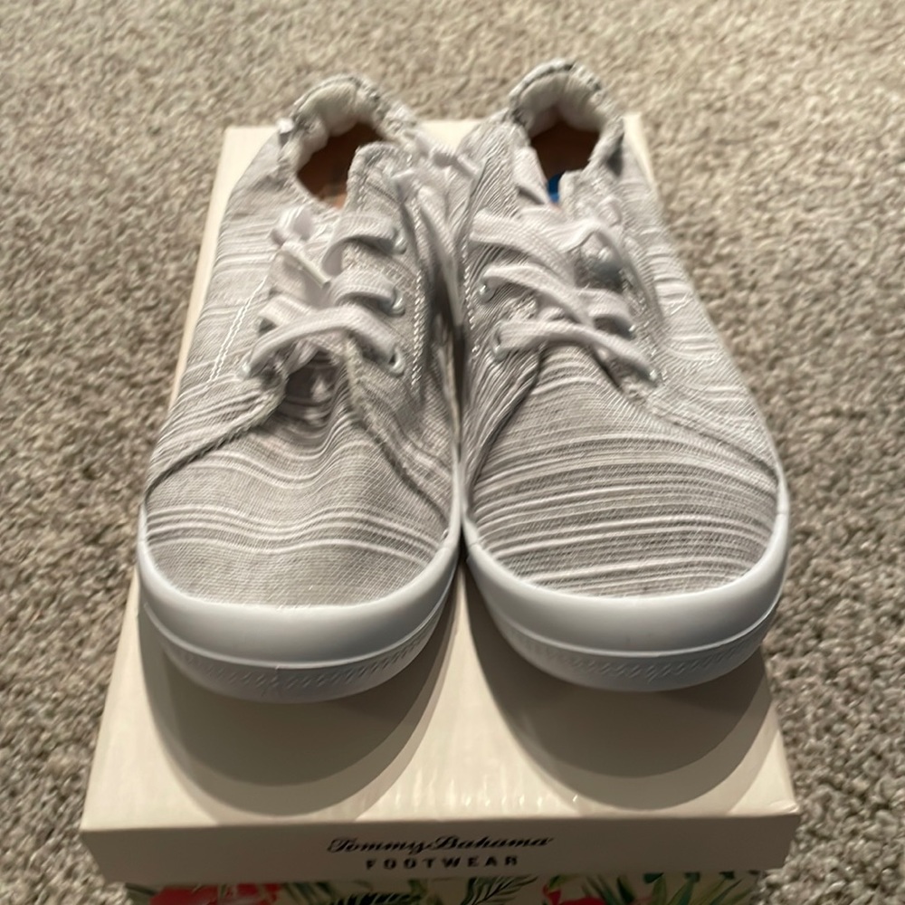 New-Only worn once- Tommy Bahama slip on gray & white stripped sneaker